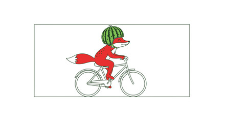Fototapeta premium Funny Fox Riding Bicycle with Watermelon on Head