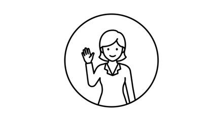 Obraz premium Friendly Woman Waving Hello in Circle Icon, Simple Line Art, Greeting Gesture