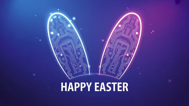 Glowing neon bunny ears with happy easter text futuristic festive design