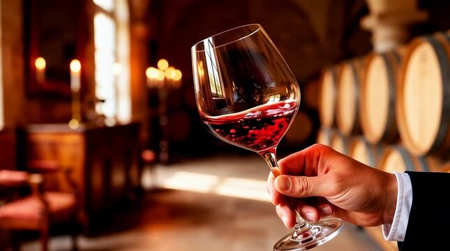 Close-up of a person holding a wine glass with red wine, with blurred wine barrels in the background