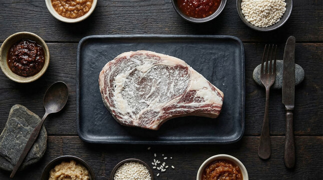 Overhead photo of koji-aged steak with white mold coating on dark tray, no faces, no text, modern gastronomy fermentation concept for restaurant brand or culinary editorial, commercial use