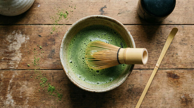 Overhead photo of matcha ceremonial grade being whisked with chasen in a chawan, no faces, no text, Japanese tea ceremony concept for wellness brand or culinary editorial, commercial use