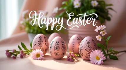 Fototapeta premium Happy easter eggs decoration with flowers on festive spring background