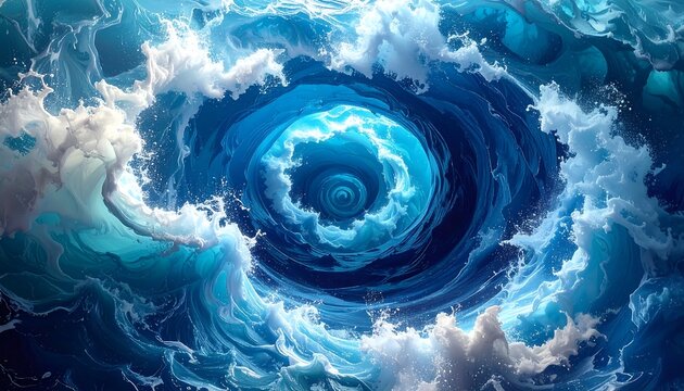 Abstract swirling ocean with crashing waves, rendered in shades of blue and white, creating a vortex