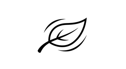 Fototapeta premium Minimalist black leaf icon with swirling lines on white background, nature symbol