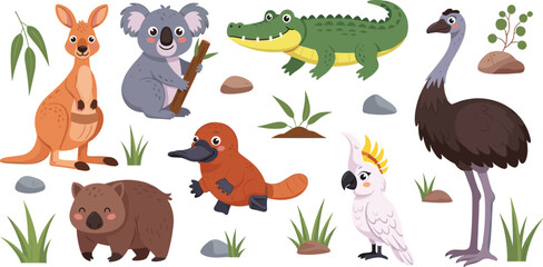 Cute Australian Animal Vector Set Featuring Kangaroo, Koala, Wombat, Platypus, Crocodile, Cockatoo, and Emu with Nature Elements for Kids Education and Design © Rumi