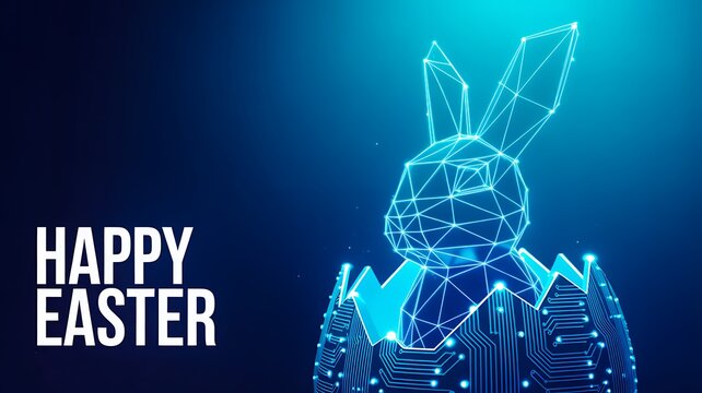 Digital polygon easter bunny with happy easter text futuristic technology concept