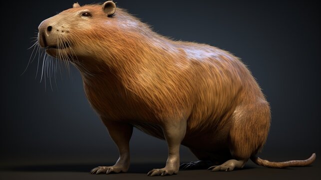 A curious brown rodent with a long tail and whiskers standing on a dark backdrop