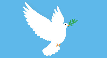 Fototapeta premium Graphic illustration of a white dove holding an olive branch against a blue and white background, symbolizing peace.