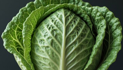 Fototapeta premium Fresh green cabbage head with crisp leaves isolated on dark background for healthy food and cooking concept