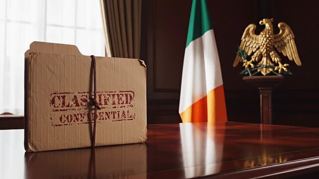 Classified manila folder with leather string on a mahogany desk; national flag of Ireland on a ceremonial pole, symbolizing official government authority.