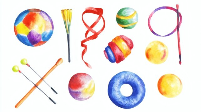 Collection of colorful juggling props painted in watercolor: balls, rings, clubs, scarves, and devil sticks on white background