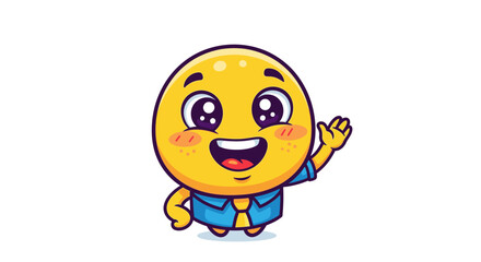 Obraz premium A cheerful yellow emoticon character wearing a blue shirt waves in a friendly manner against a clean white background with a joyful mood.