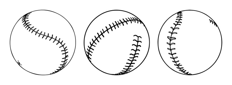 Baseball ball set with realistic design featuring white, red, round with stitches and sports equipment