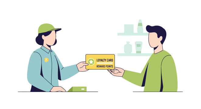 Customer receiving a loyalty card with reward points from a dedicated store employee, illustrating successful customer retention strategies and exclusive benefits programs for consumers