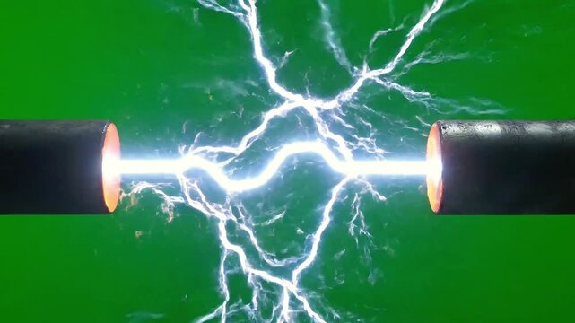 Electricity flows through a Tesla coil in a laboratory setting with sparks flying.