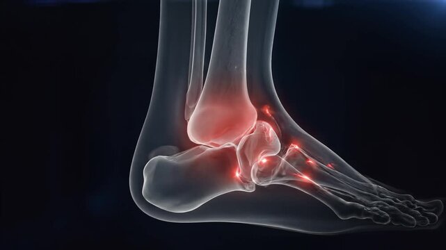 Pulsating human foot anatomy, detailed 3D skeletal bones rotating against a dark background, showing glowing red pain points in a medical