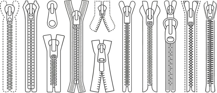 Various zipper designs continuous line fashion accessory detail flat vector