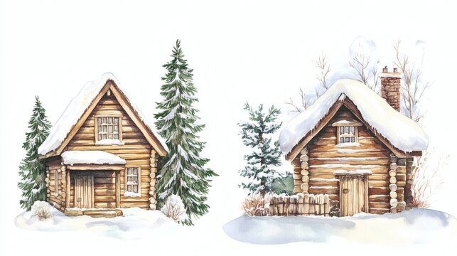Four watercolor-style snowy log cabins and trees arranged on white background, cozy winter cottages with pine trees and snow-covered roofs