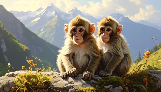 A digital illustration of two adorable monkeys on a scenic mountain
