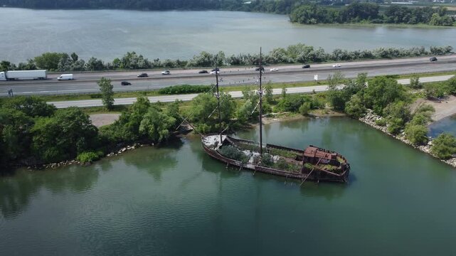 La Grande Hermine, also known as the Jordan Harbour Shipwreck, an ghostly pirate ship looking vessel visible along the QEW, Queen's Expressway in southwestern Ontario, Canada, on Lake Ontario.