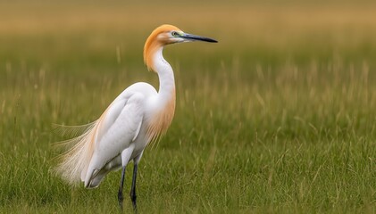 Fototapeta premium Graceful Heron in Field: A solitary heron stands in a field of green grass, its white feathers and elegant form striking against the natural surroundings, depicting peace and natural balance.