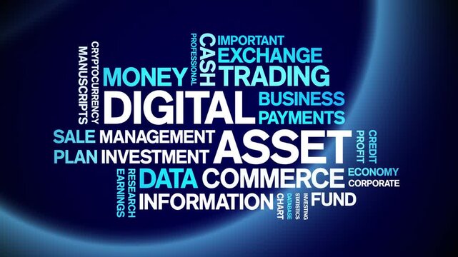 Digital Asset animated word cloud-text design animation tag kinetic typography seamless loop.