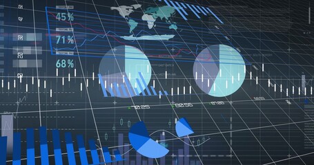 Naklejka premium Showing dashboard centered on screen, with two large circular charts, candlesticks, percent labels