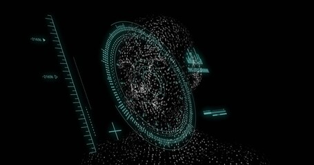 Forming digital humanoid silhouette from binary digits in virtual void showing teal HUD and scale