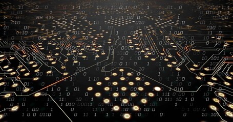 Glowing PCB solder pads revealing copper traces and vias on closeup studio board, with bit overlay