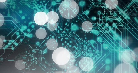 Glowing circuitry network pulsing in studio graphic, showing teal traces, node dots and bokeh