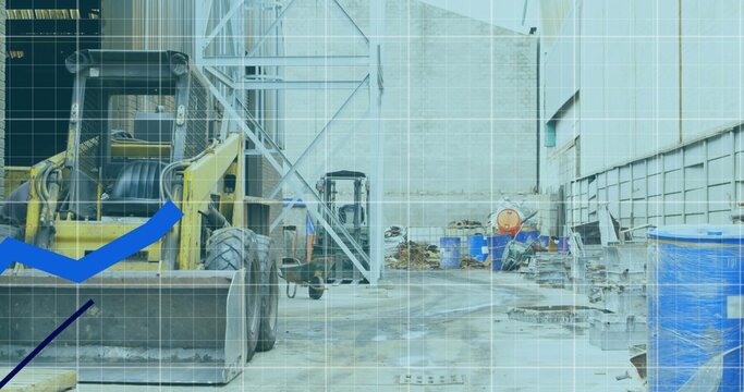 Idling yellow wheel loader occupying left yard with forklift and blue grid overlay, copy space