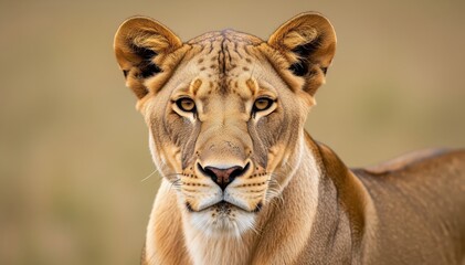 Fototapeta premium Lioness Portrait: A close-up view of a majestic lioness, with captivating eyes and a regal presence, gazing directly at the viewer, set against a backdrop of the African savannah.