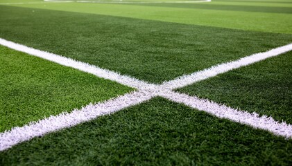 Fototapeta premium Geometric Precision: A close-up perspective of a meticulously maintained football pitch, showcasing the crisp white lines intersecting against the vibrant green surface.
