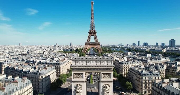 Eiffel Tower and Arc de Triomphe in Paris city overview