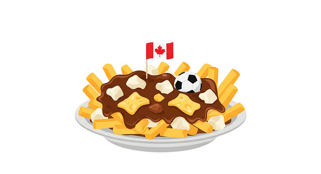 A plate of poutine with a Canadian flag and a soccer ball on top of the dish