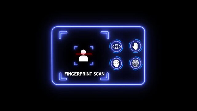 Biometric authentication fingerprint scan set neon blue glowing on Black Background and features 4k Animation