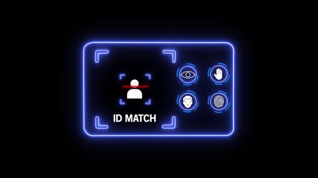 ID verification system with biometric authentication and glowing blue outline 4k Motion graphics video on Black Background