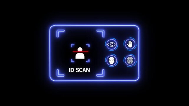Id scan neon blue glowing rectangle with white and text on black background for identity verification and authentication on Black Background and features 4k Motion graphics video