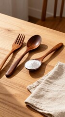 Wooden Utensils with Salt on Wooden Table