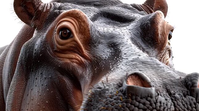Close-up of a hippopotamus face, showing detailed skin texture, wet snout, expressive eyes, natural lighting, high-resolution wildlife photography style, realistic and sharp focus