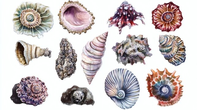 Watercolor collection of assorted seashells arranged on white background, soft pastel tones and detailed textures