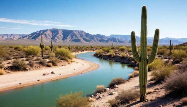 Tall cactus plants by serene desert river with clear blue water and mountain backdrop under bright sunlight