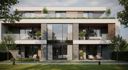 Fototapeta premium A modern, multi-story residential building with glass windows and wooden accents, surrounded by lush greenery and a clear blue sky.