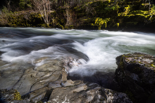 Rogue River above Union Creek, Oregon rushes over jagged stones. Mossy banks glow in golden sunlight. Nature's force moves through rocky terrain.