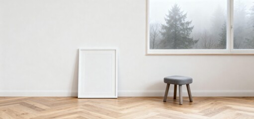 Fototapeta premium Minimalist Interior with Empty Frame and Stool