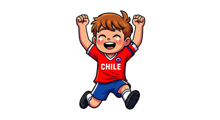 Fototapeta premium A happy cartoon boy wearing a Chile soccer jersey and jumping in the air with excitement