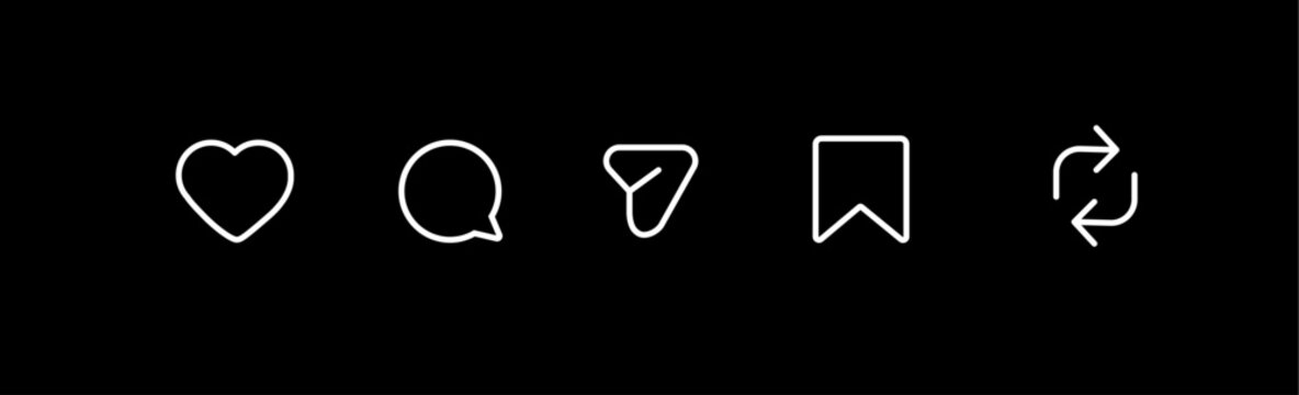 Social Media Interface Icons Set. Like, Notification, Heart, repost, Share, Save, View and Comment Symbols.