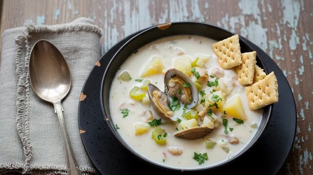 A delicious clam chowder served in a black bowl, with crackers and a spoon next to it