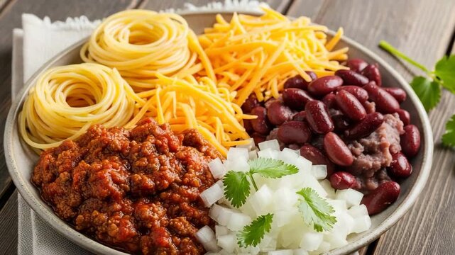 A delicious plate of chili with spaghetti, cheese, kidney beans, and onions. A mouthwatering culinary delight